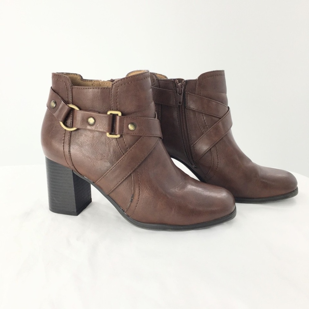 Natural Soul COCO Womens Ankle Booties Vegan Brown Zip Bronze Hardware Sz 7.5M